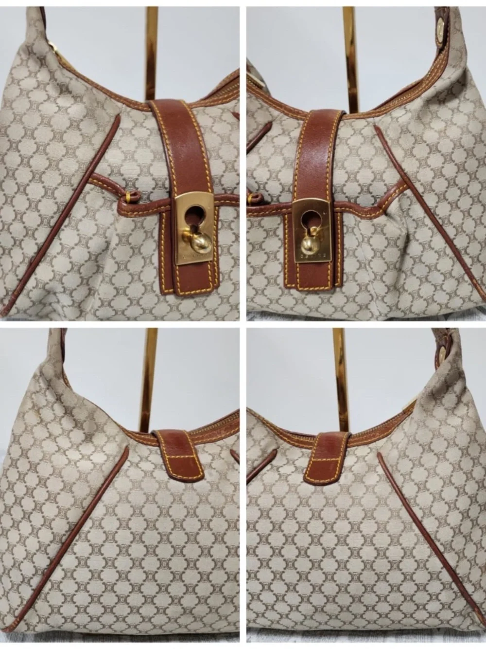 Authentic Celine Vintage Macadam Hobo Shoulder Bag Beige/Brown